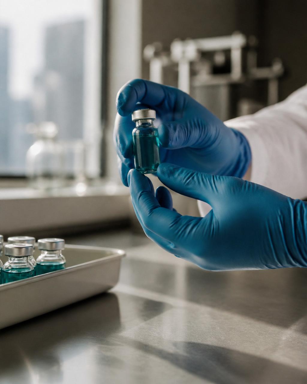 Clinician's gloved hands handling a 1CELL vial